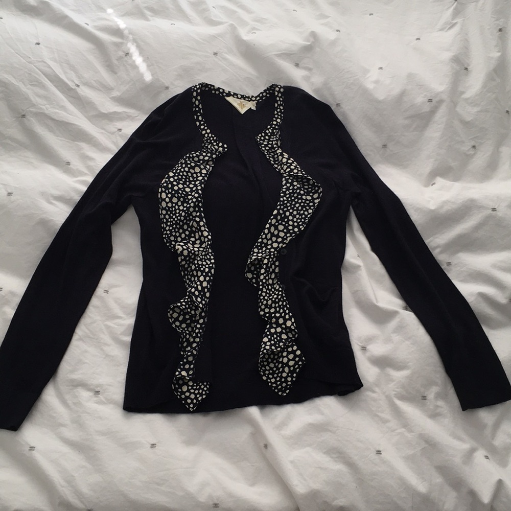 Navy Cardigan Sweater w Polka Dot trim Med - NWOT